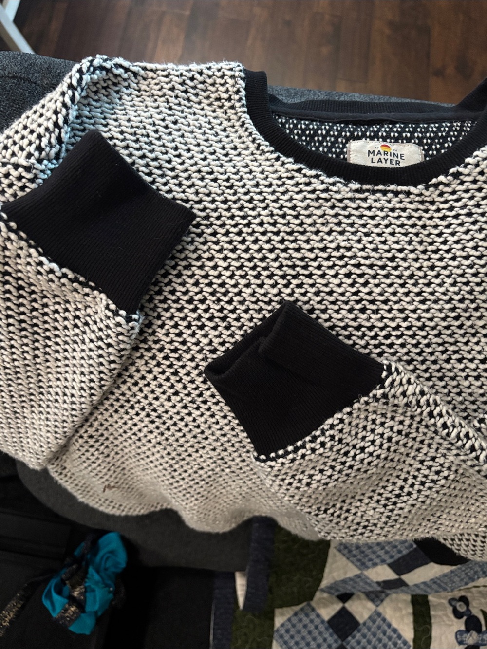 Marine Layer Birdseye Textured Black and White Knit Crew Sweatshirt Women's Sz L